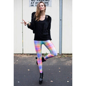 Blackmilk Rainbow Tartan Toasties Colorful High Rise Leggings Women XS